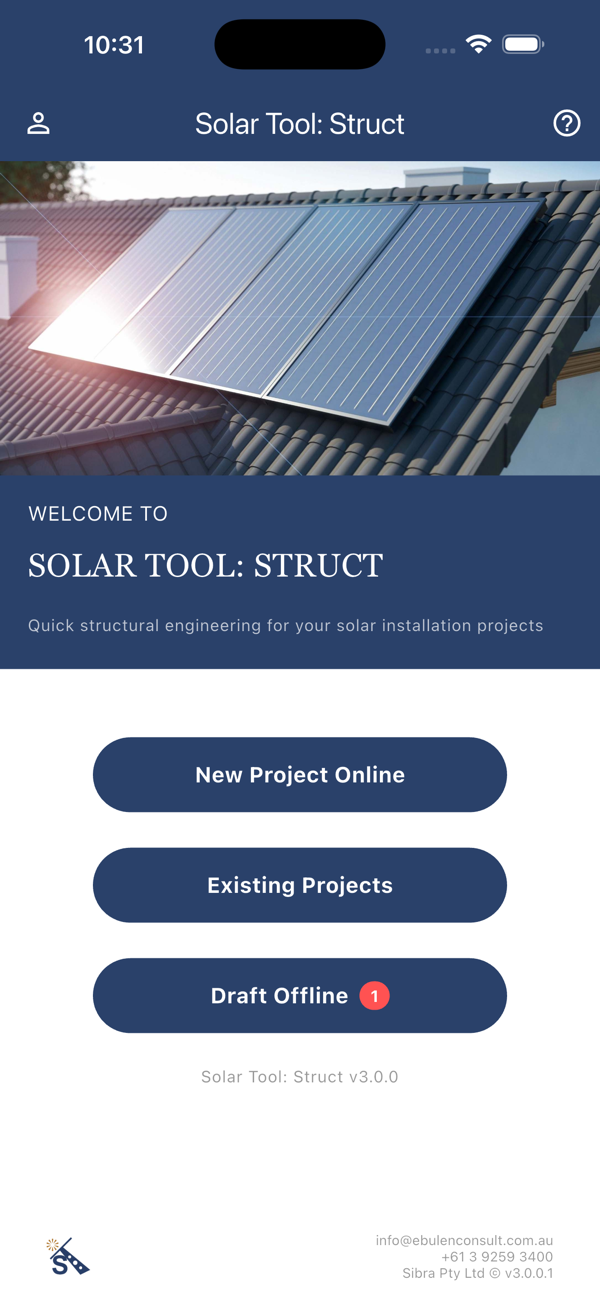Solar Tool: Struct v3 home screen — New Project Online, Existing Projects, Draft Offline